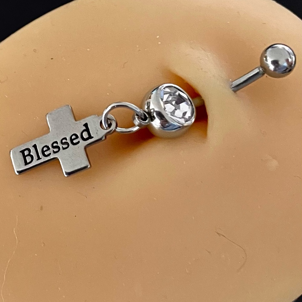 Silver Cross 'Blessed' Belly Button Ring